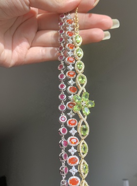 欧洲复古珠宝|美国天然高品质红宝石火欧泊橄榄石925银开口手链女