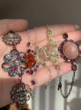 欧美天然中古风红宝石榴石银手链