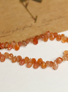 印度进口天然小水滴刻面切面橙色太阳石边孔DIY半成品串珠散珠
