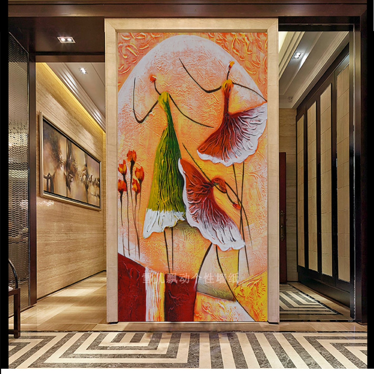 抽象油画舞蹈房壁纸现代简约装饰壁画竖版玄关壁布过道走廊墙布图片