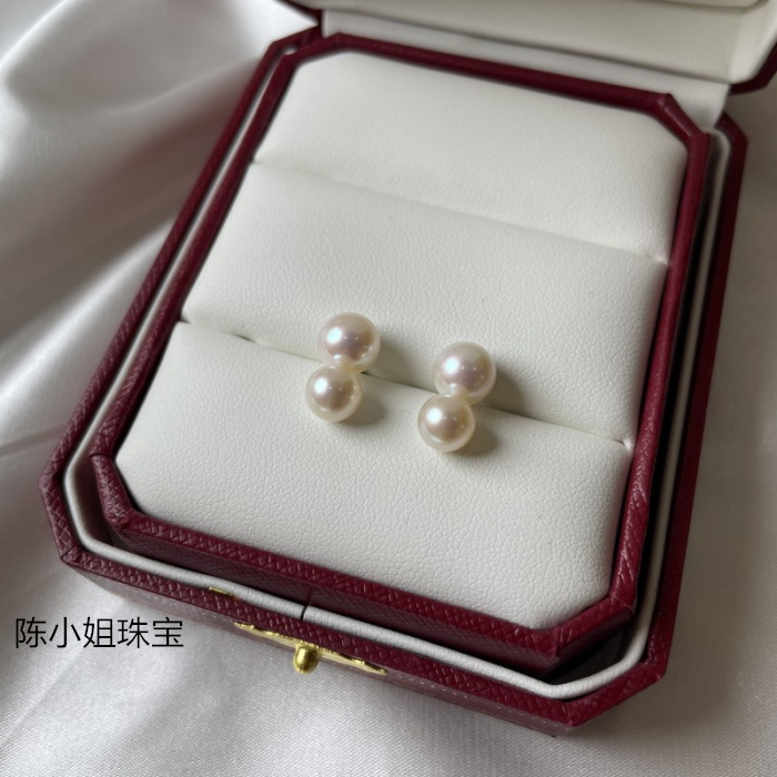 双珍珠耳钉耳环18k黄金两颗真天然淡水女极光媲美日本海水珍珠