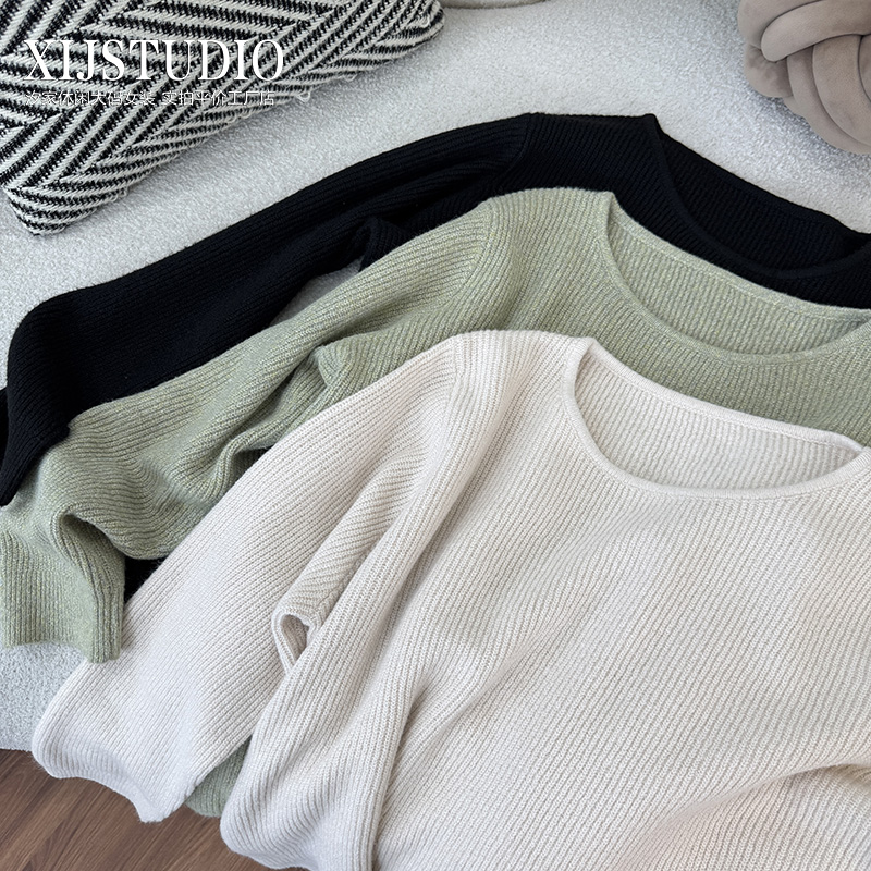 汐家女装 秋冬针织圆领长袖毛针织衫大码慵懒风宽松休闲套头毛衣