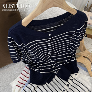 条纹冰丝上衣开衫 汐家女装 大码 一字领冰丝竹节针织短袖 春夏新款