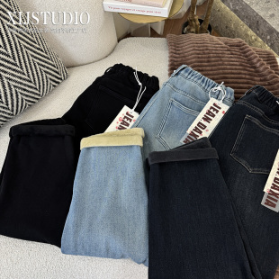 高腰休闲哈伦老爹裤 大码 秋冬加厚绒慵懒风微弹宽松牛仔裤 汐家女裤