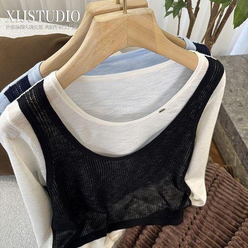 汐家女装 春夏套头假两件件防晒针织罩衫女大码宽松长袖轻薄上衣