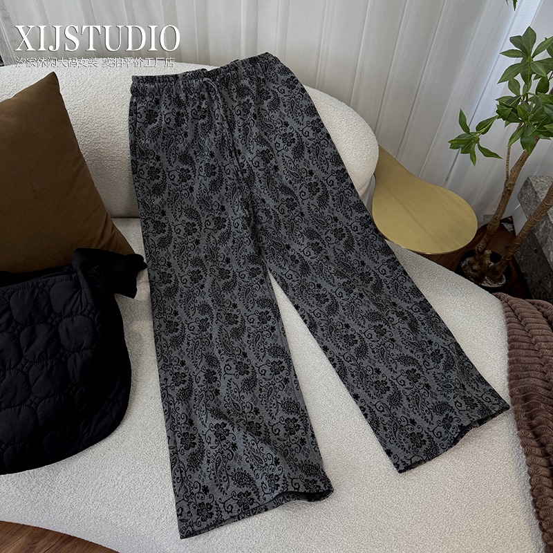 汐家女裤秋冬提花花纹休闲松紧腰休闲裤大码宽松毛呢加厚阔腿裤