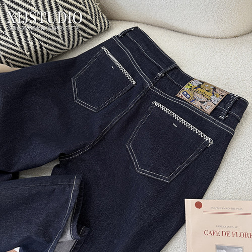 汐家微胖女裤 原浆蓝显瘦窄版阔腿裤大码秋季新款高腰宽松牛仔裤