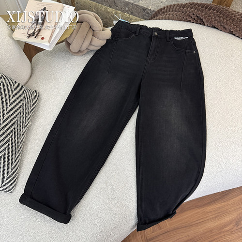 汐家女裤 秋冬加绒休闲风男友裤大码加厚宽松高腰黑色牛仔裤