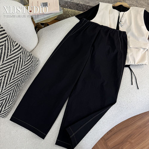 汐家女裤 春夏季新款高腰明线条宽宽松哈伦休闲裤大码百搭气球裤