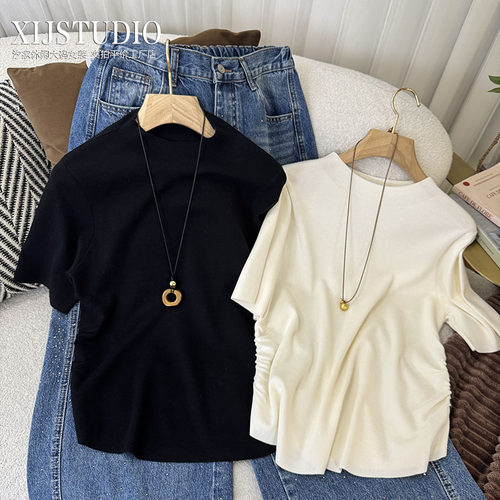 汐家女装 春季新款薄针织上衣内搭大码侧抽褶显瘦短袖t恤日常搭配