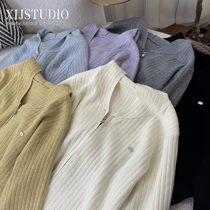 大码女装 连帽开衫款女坑条纹 大码毛针织衫宽松型长袖秋季常规款