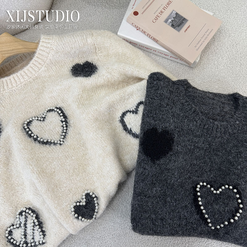 汐家女装 圆领厚款慵懒风爱心刺绣毛针织衫大码秋冬软糯毛衣