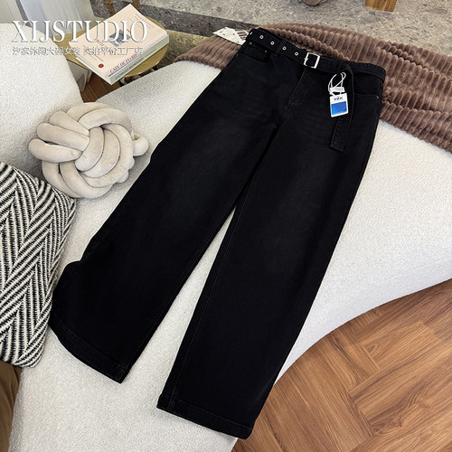 汐家女裤 秋冬加厚植绒黑色阔腿裤大码配腰带休闲直筒牛仔裤