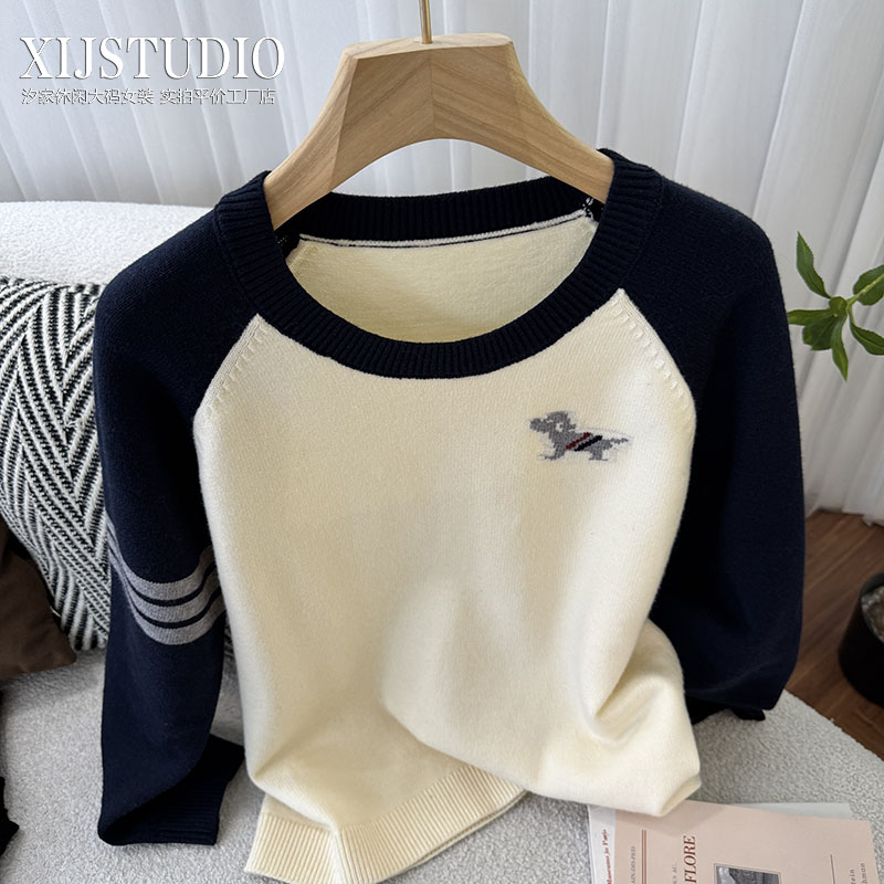 汐家女装2025秋冬新款长袖常规毛针织衫大码卡通小狗套头休闲毛衣