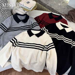 大码 宽松女polo领毛针织衫 假两件条纹毛衣 秋冬针织长袖 汐家女装