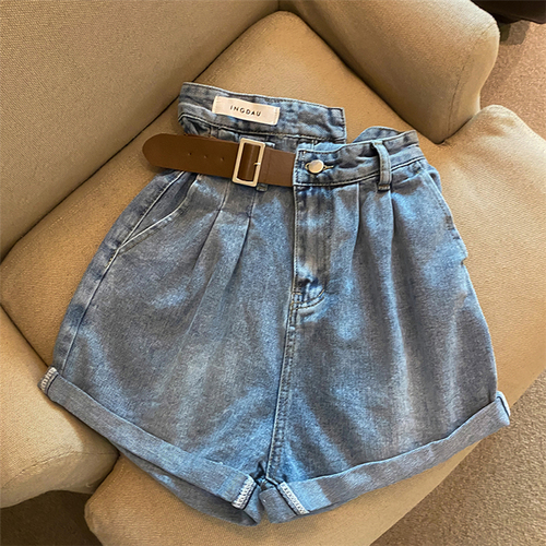 Real shooting irregular high waist denim shorts summer 2022 new loose thin wide leg pants crimped hot pants