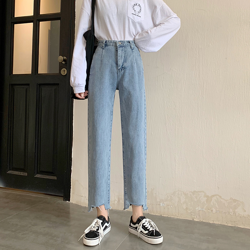 實拍韓版寬鬆水洗高腰牛仔褲女不規則褲腳流蘇邊直筒長褲