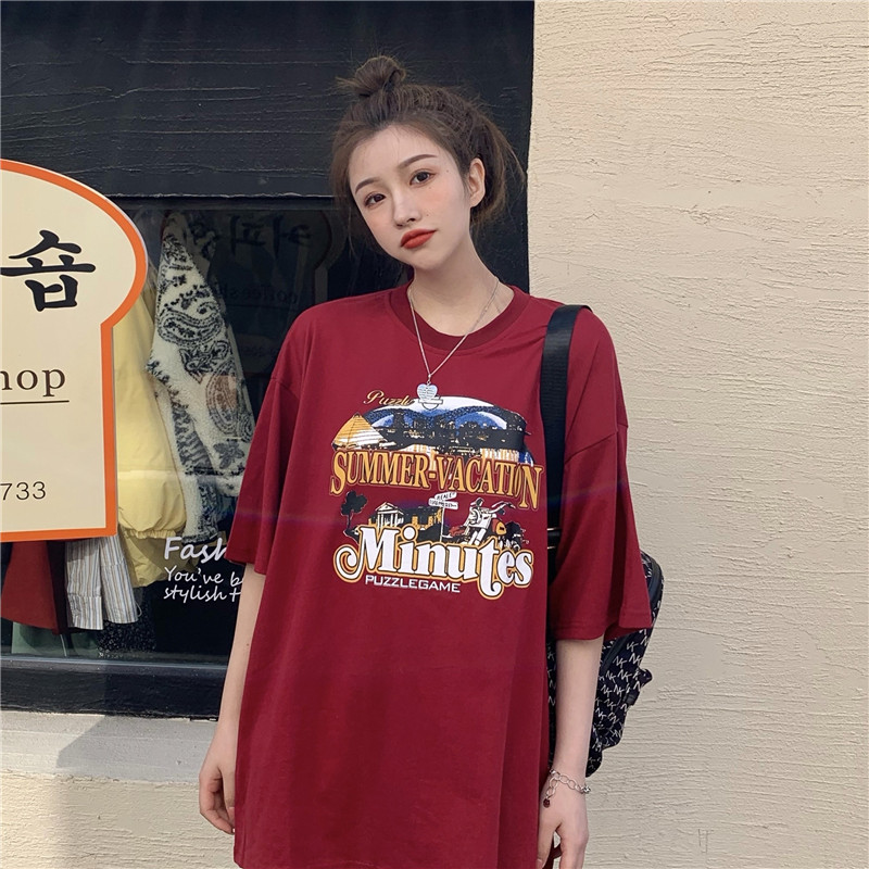 Real Korean printing medium and long versatile loose and thin short sleeve T-shirt
