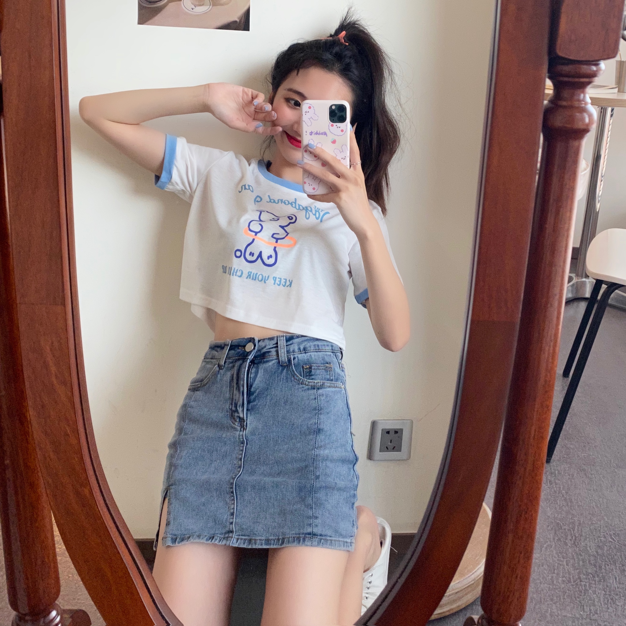 Real shot Korean printed T-shirt women's short 2021 summer fashion loose girl lovers short sleeve top