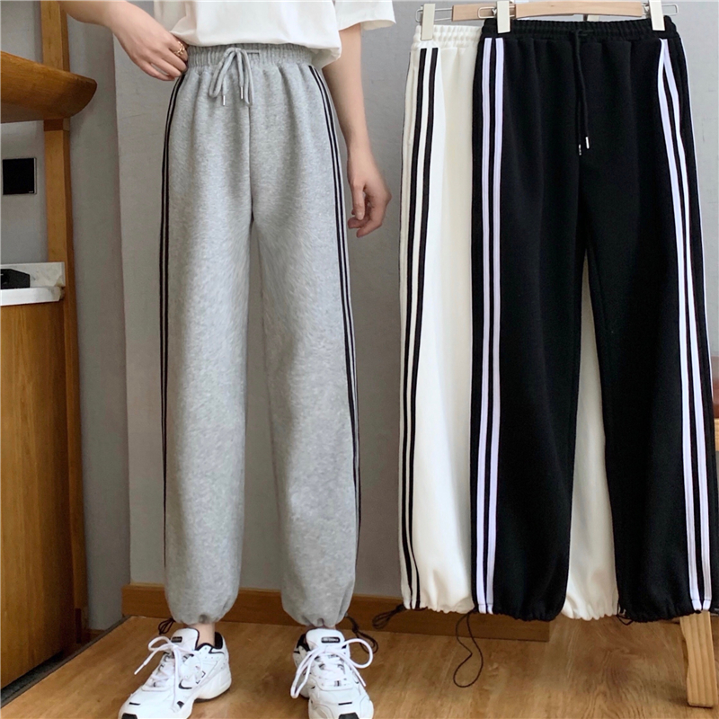 Real shot Korean 2021 new Korean elastic waist casual pants versatile loose striped pants Leggings