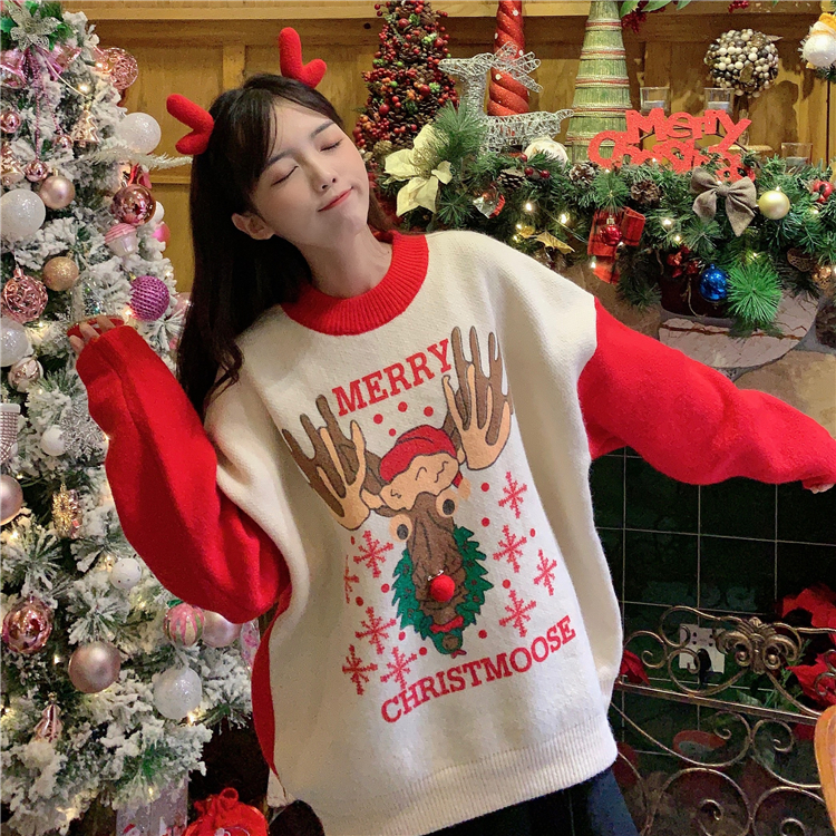 Real shot color matching Korean loose color matching Christmas deer sweater for women + slim lace bottoming shirt set