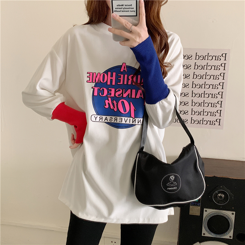 Real shooting spring style versatile loose and thin medium length color matching sleeve long sleeve T-shirt women's top fashion
