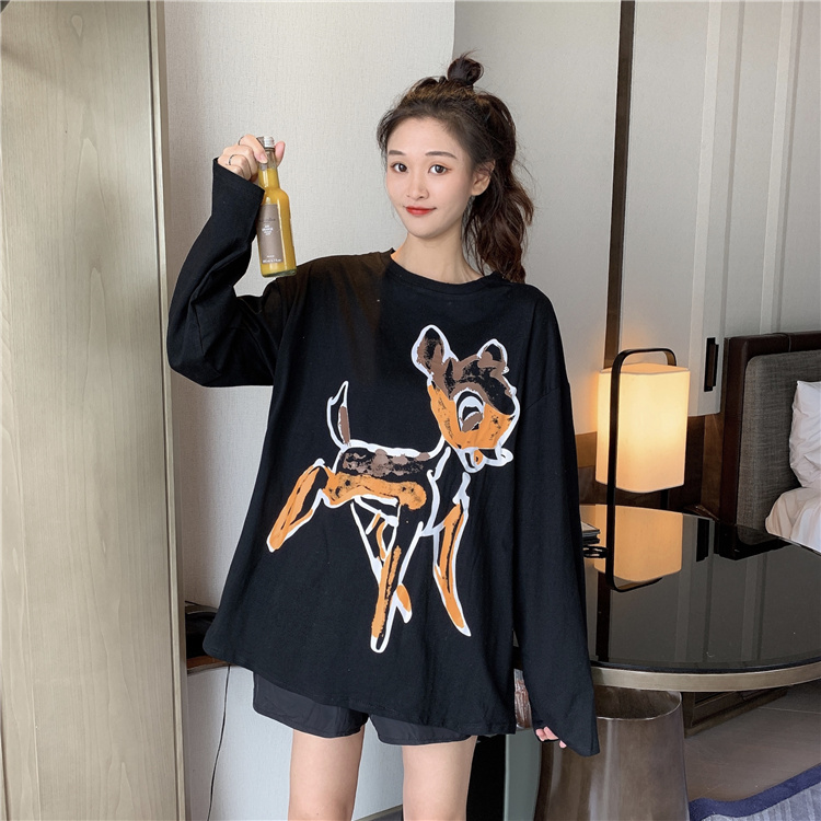 Korean new long sleeve cotton T-shirt women's loose cartoon pair printed T-shirt