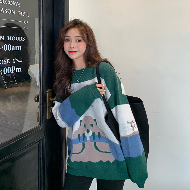 Real shot Korean lazy Cute Cartoon Bear sweater with loose and versatile long sleeve sweater