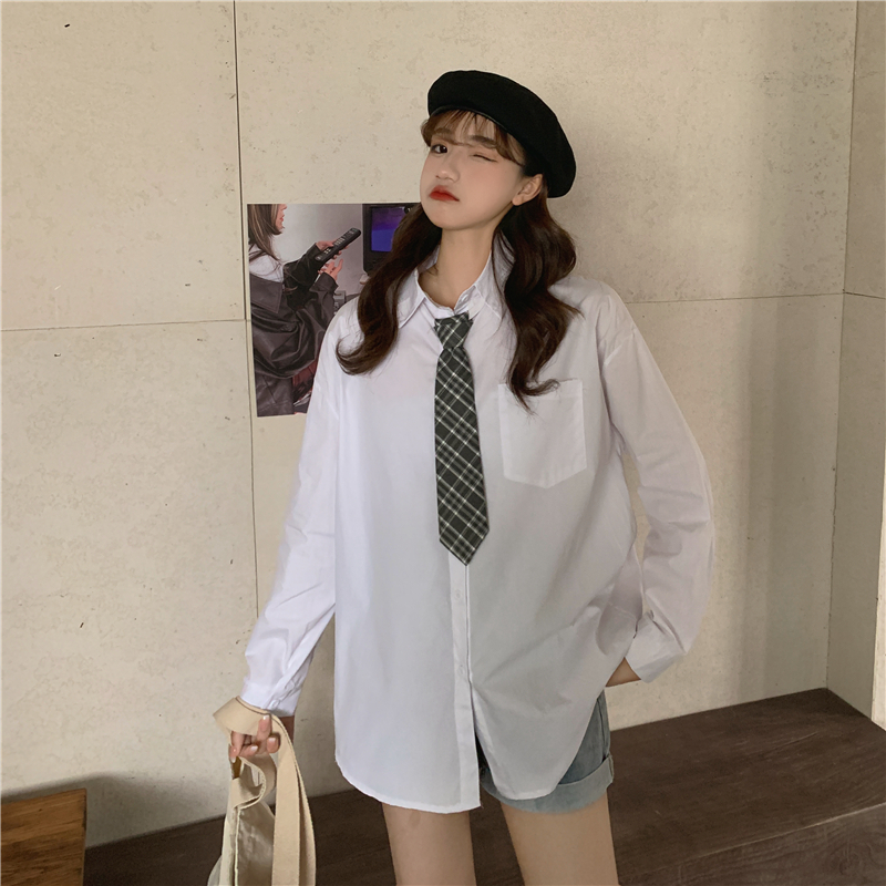 Korean version of New Retro Hong Kong Style Long Sleeve loose shirt with striped tie