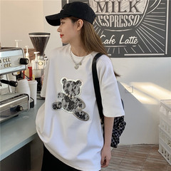 實拍  韓版中長款重工訂珠卡通短袖T恤女潮入