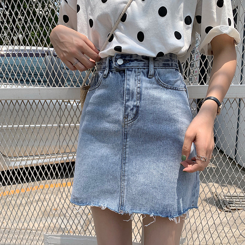 Real shot Han Fan wash high waist tear edge denim skirt loose and versatile leg length A-line skirt