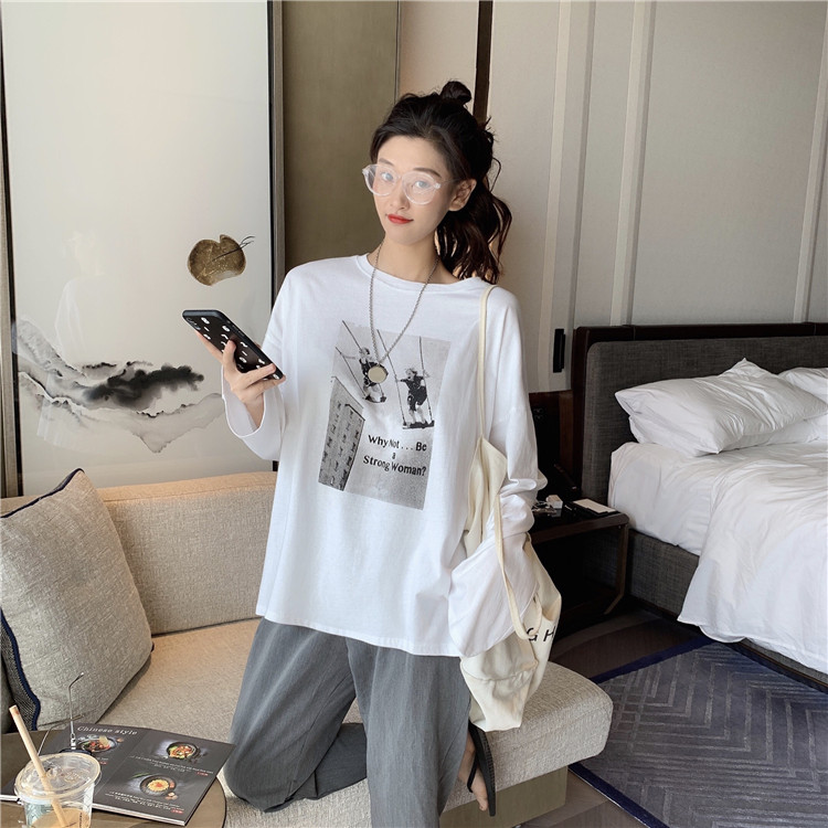 Real shot South Korean version 2021 new medium length printed cotton versatile loose show thin personality top