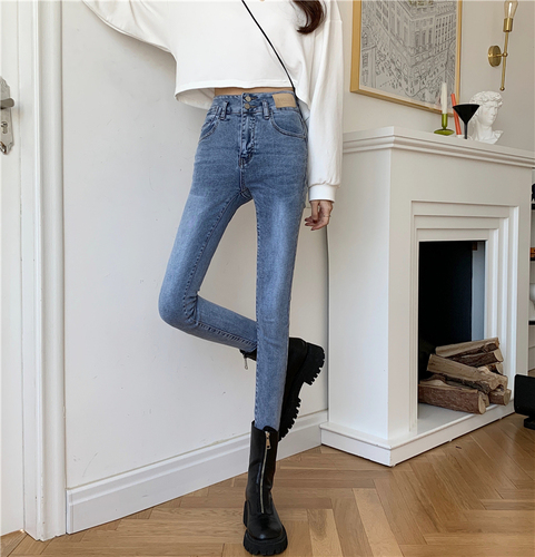 Real shot Korean spring style high and thin jeans elastic high waist two button calf jeans in fashion