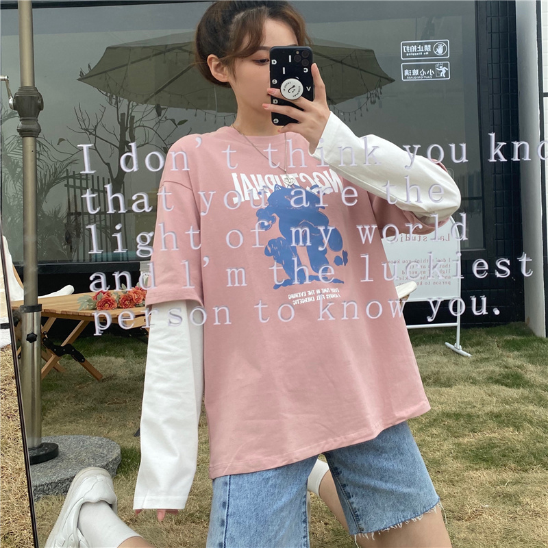 Real Korean version of 2021 new stitching fake two long sleeve blouses