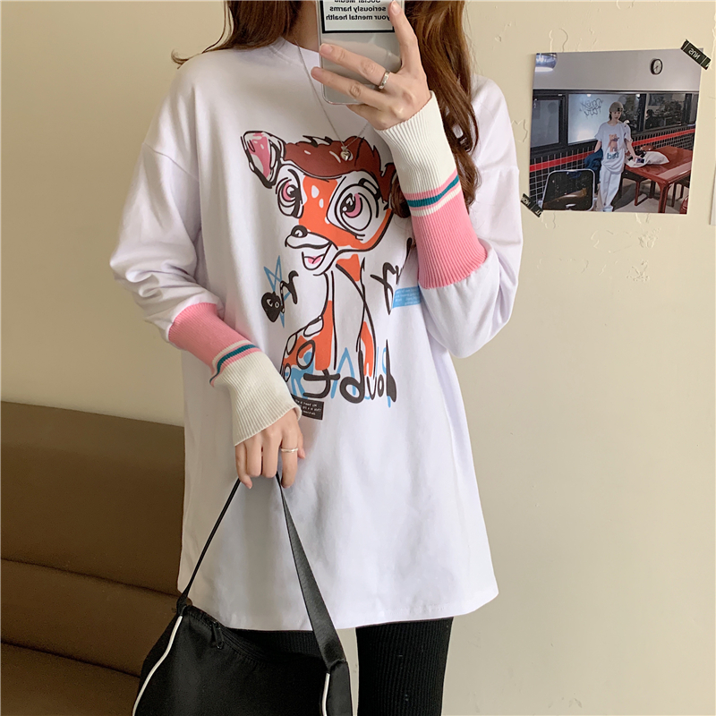 Real Korean fashion casual thickened cartoon fawn print stitching contrast thread cuffs long sleeves