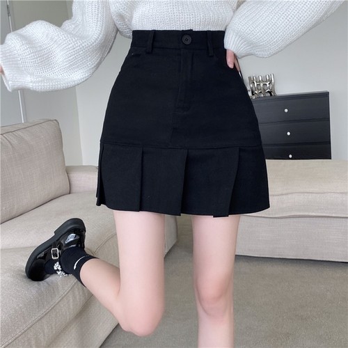 Real shooting A-line half length skirt women's dress Korean version high waist thin pleated skirt black versatile Hip Wrap short skirt