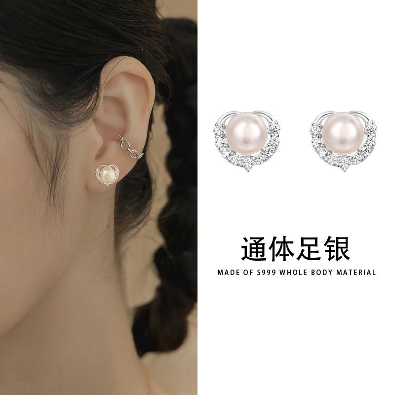 韩版S999爱心耳钉女小清新甜美耳骨钉珍珠镶钻小众设计感轻奢耳饰