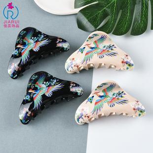 中国风发夹半扎发彩绘凤凰于飞图案9cm中号亚克力抓夹小发量新款