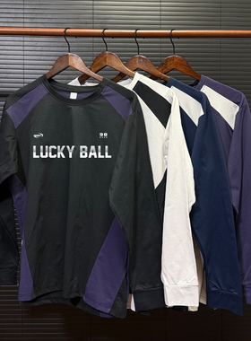 复古长袖拼色田径男女圆领拼接复古T恤运动训练健身休闲户外穿搭