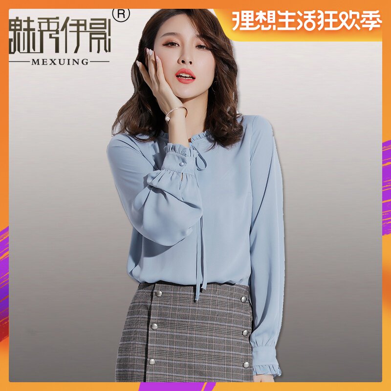 雪纺衬衫女长袖2019春装新款系带蝴蝶结木耳边文艺小清新港风衬衣|msdalam kategori Butik wanita / wanita, shirt - dari Buy2taobao.com untuk memberikan perkhidmatan ejen Taobao profesional membeli