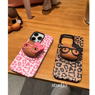 可爱棕粉豹纹猫咪磁吸手机壳适用苹果17菲林iPhone15半包14硬壳13