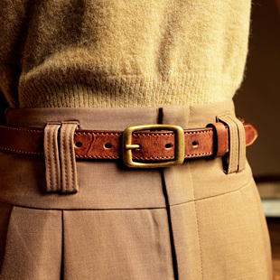 复古真牛皮手工做旧纯铜针扣女士简约皮带百搭文艺港风牛仔软腰带