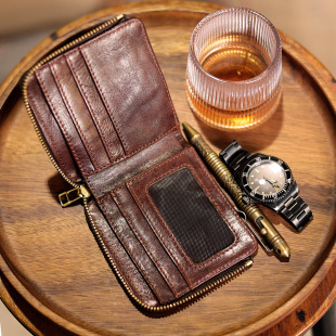 意大利头层牛皮手工复古做旧钱夹超柔软舒适短款 拉链日系卡包钱包