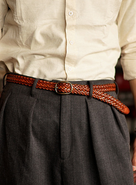 意大利头层植鞣革牛皮手工编织复古腰带法式老钱风细窄皮带中性款