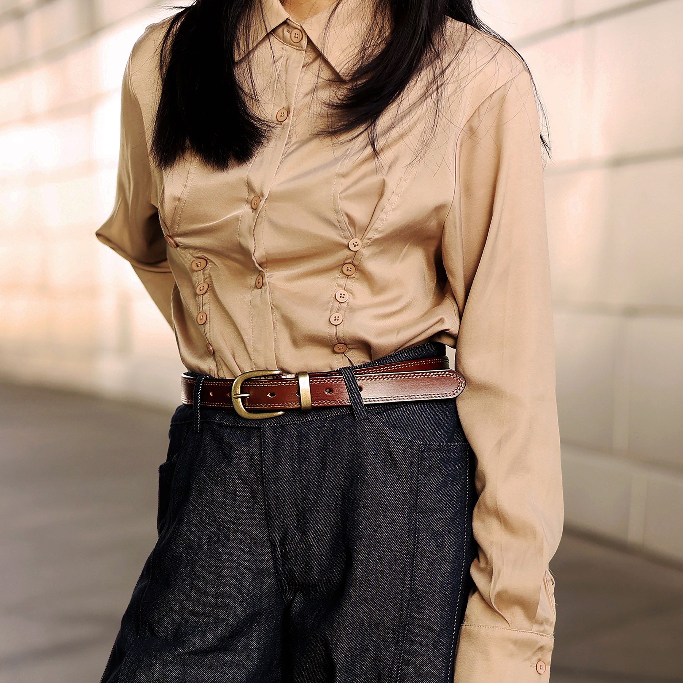 美式复古头层真牛皮纯铜扣腰带 简约百搭牛仔工装裤男女中性皮带