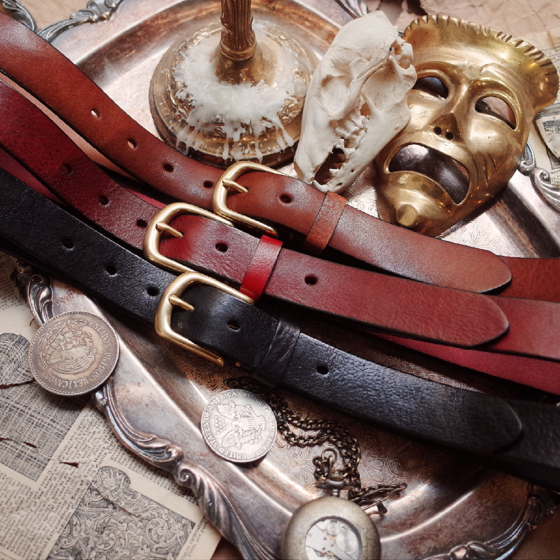 美式复古 手工铜扣针扣头层牛皮 牛仔裤简约百搭 腰带皮带男女款