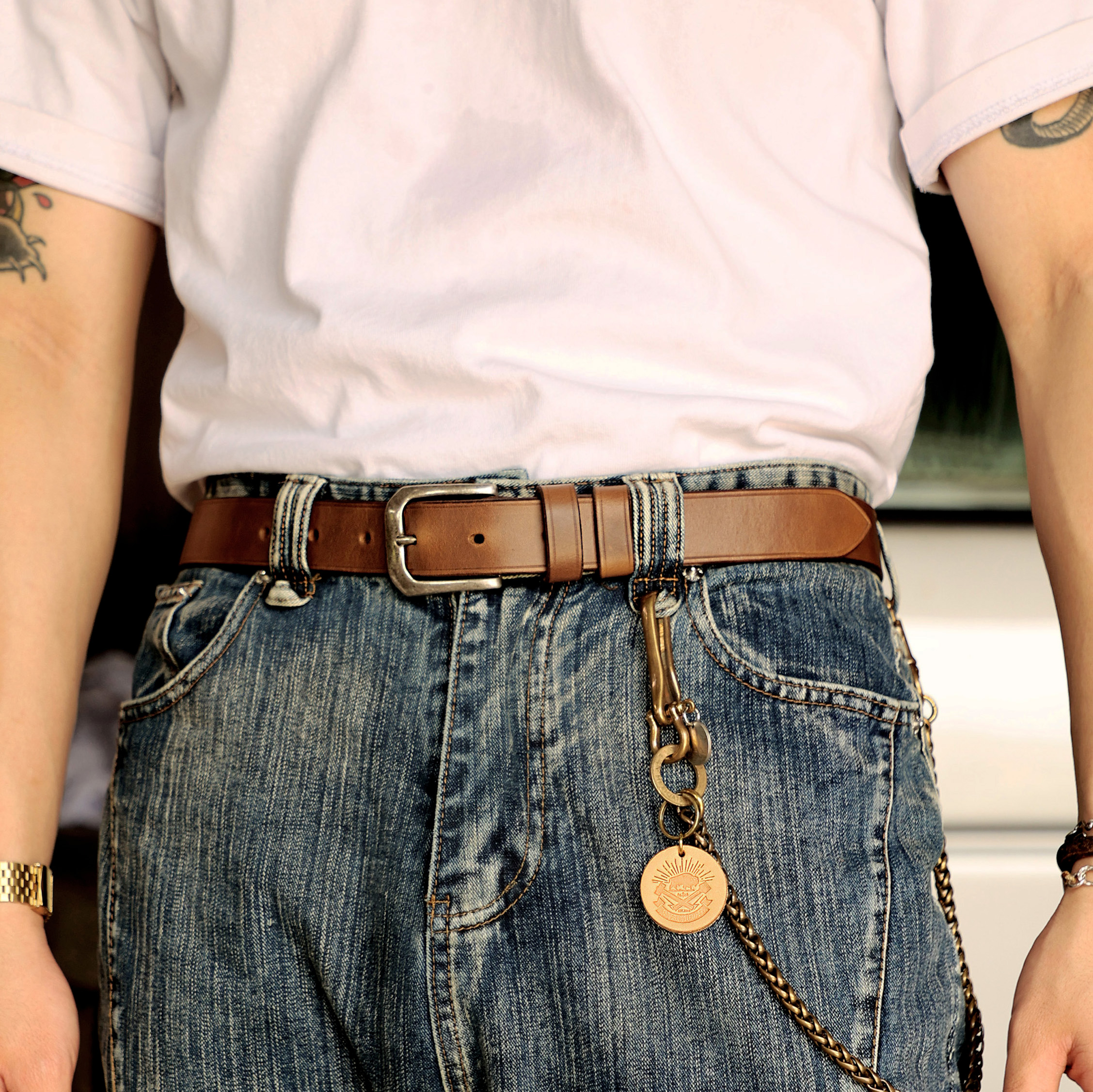 旧野贩革男士头层牛皮手工皮带