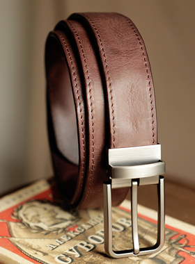 手工头层牛皮皮带复古植鞣纯牛皮针扣百搭男士工装做旧牛皮裤腰带