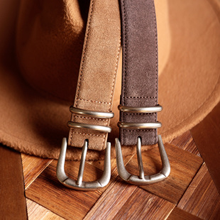 复古风麂皮磨砂双环腰带男女中性金属扣真牛皮休闲百搭美拉德皮带