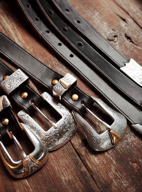 美国霍尔文皮美式复古西部牛仔骑兵绅士唐草皮带三件式男女款腰带